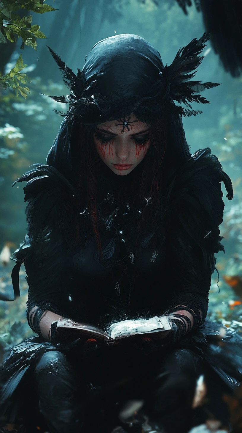 Crying witch clutching blood money before a divine being