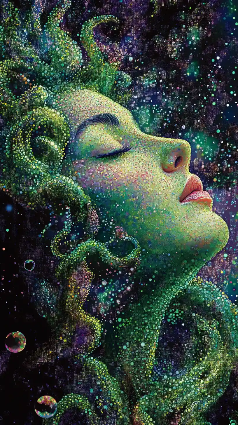 Mystical lime gorgon woman in pointillist fantasy portrait