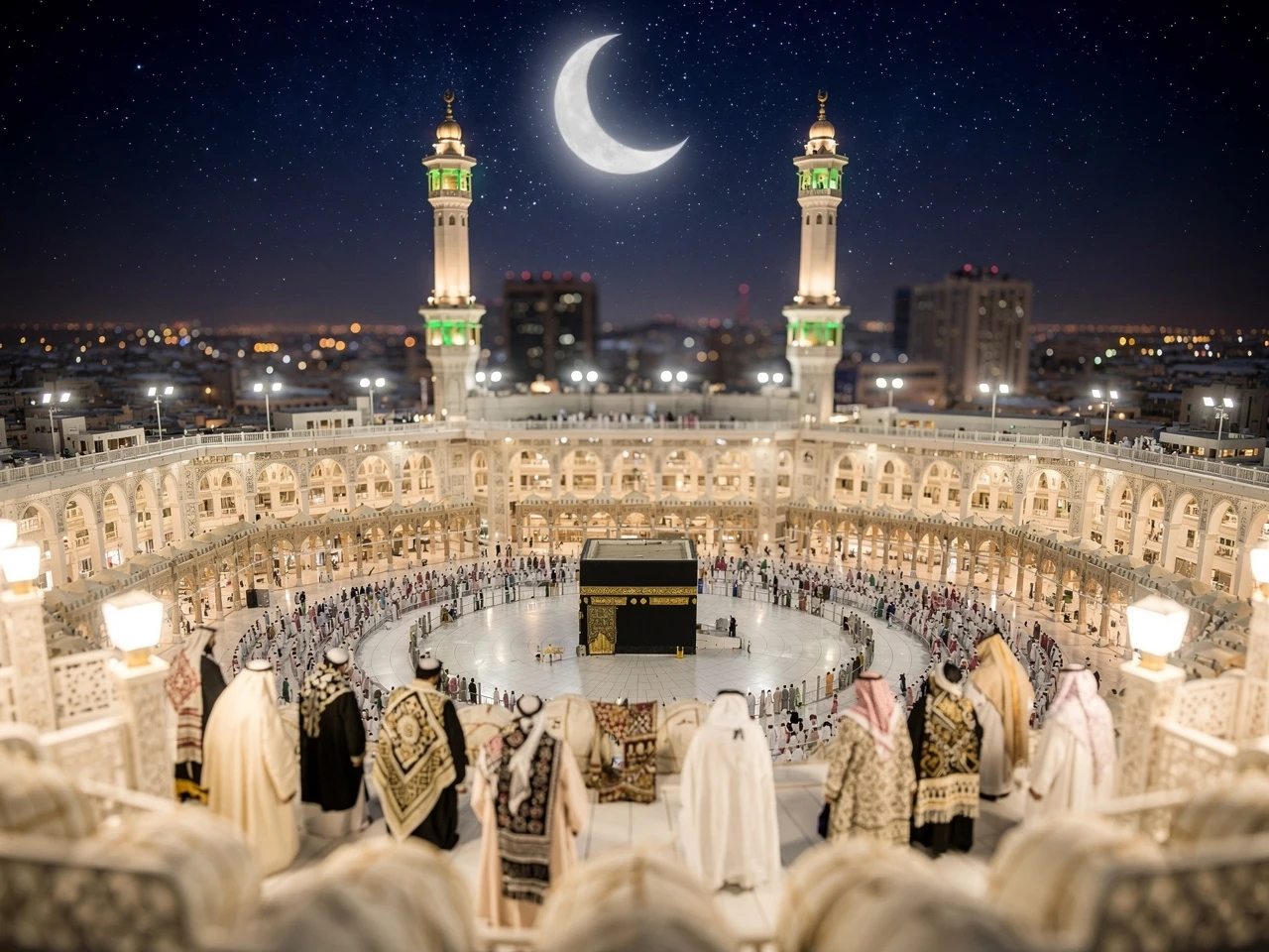 Sacred night view of Masjid Haram under stars and crescent