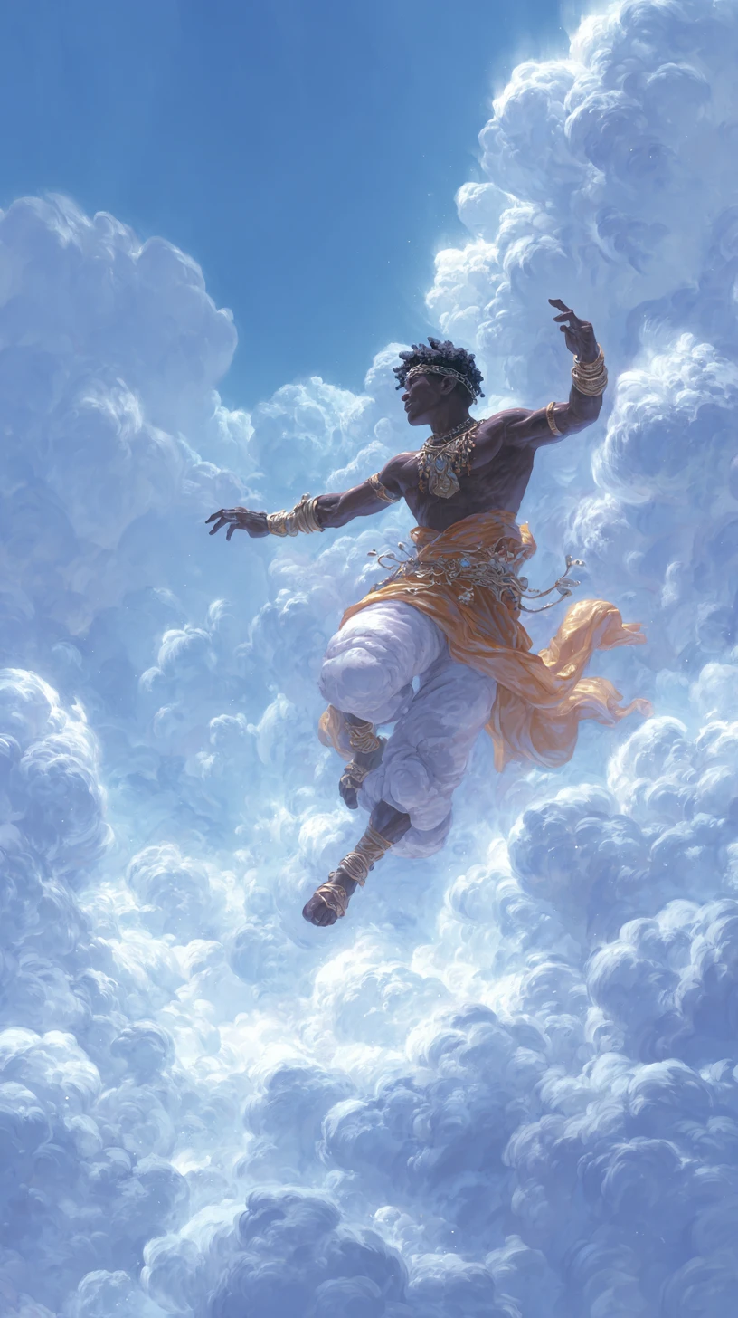 Fröhlicher Mann tanzt über weichen weißen Wolken im Sonnenlicht