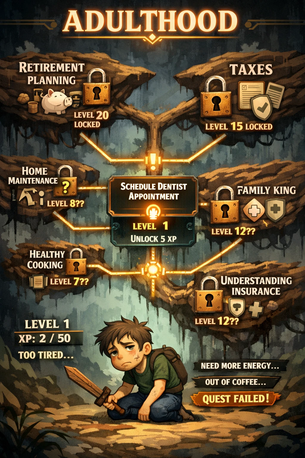 Árbol de habilidades de la vida adulta estilo videojuego con jugador cansado