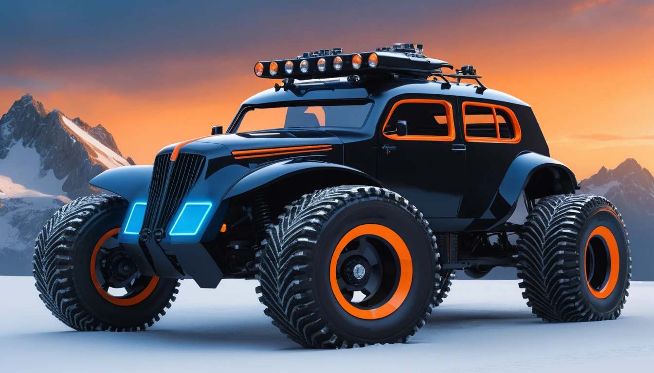 Futuristischer gepanzerter Hot Rod im verschneiten Bergsonnenuntergang