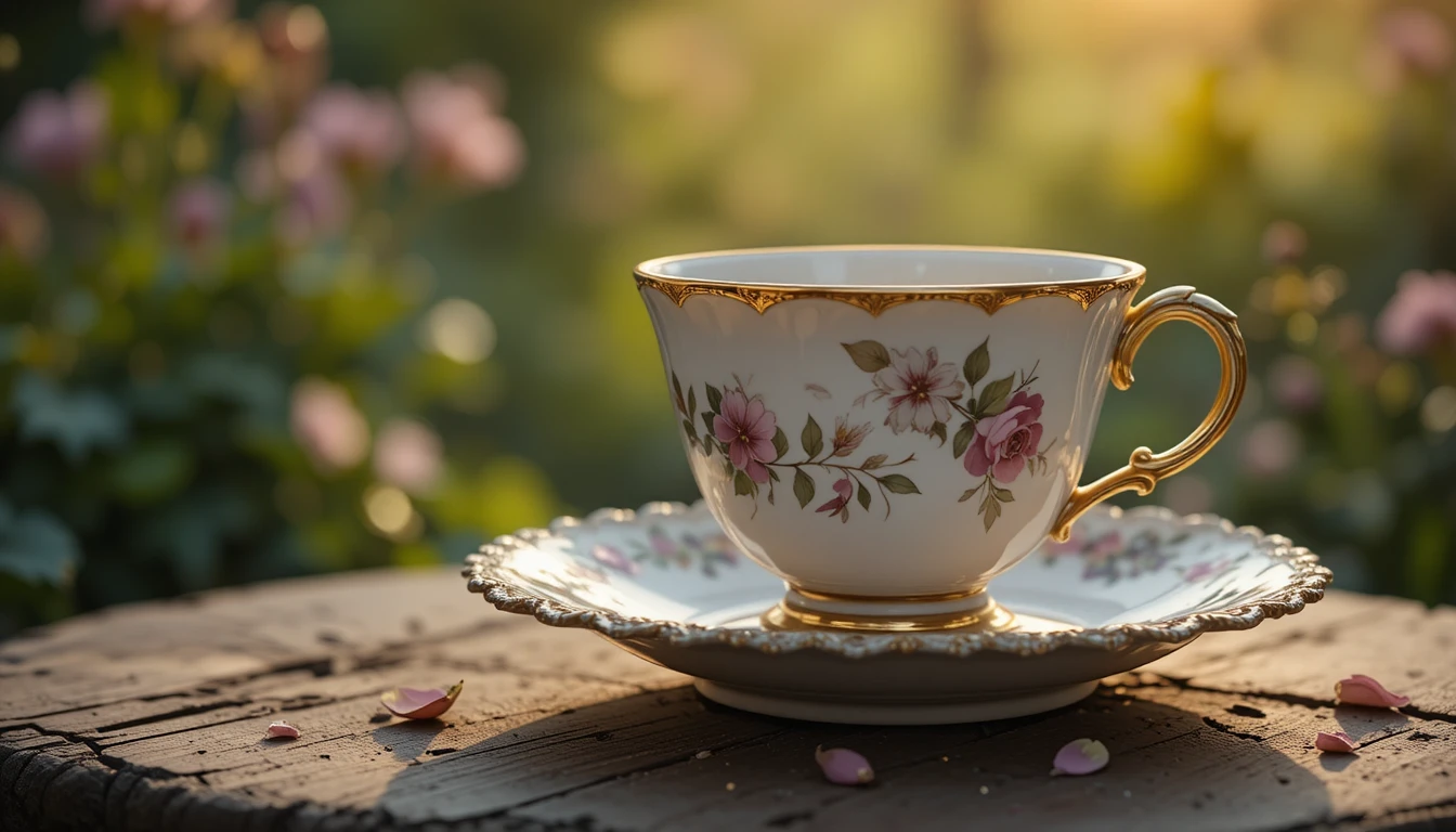 Xícara de porcelana antiga na luz dourada e aconchegante do jardim
