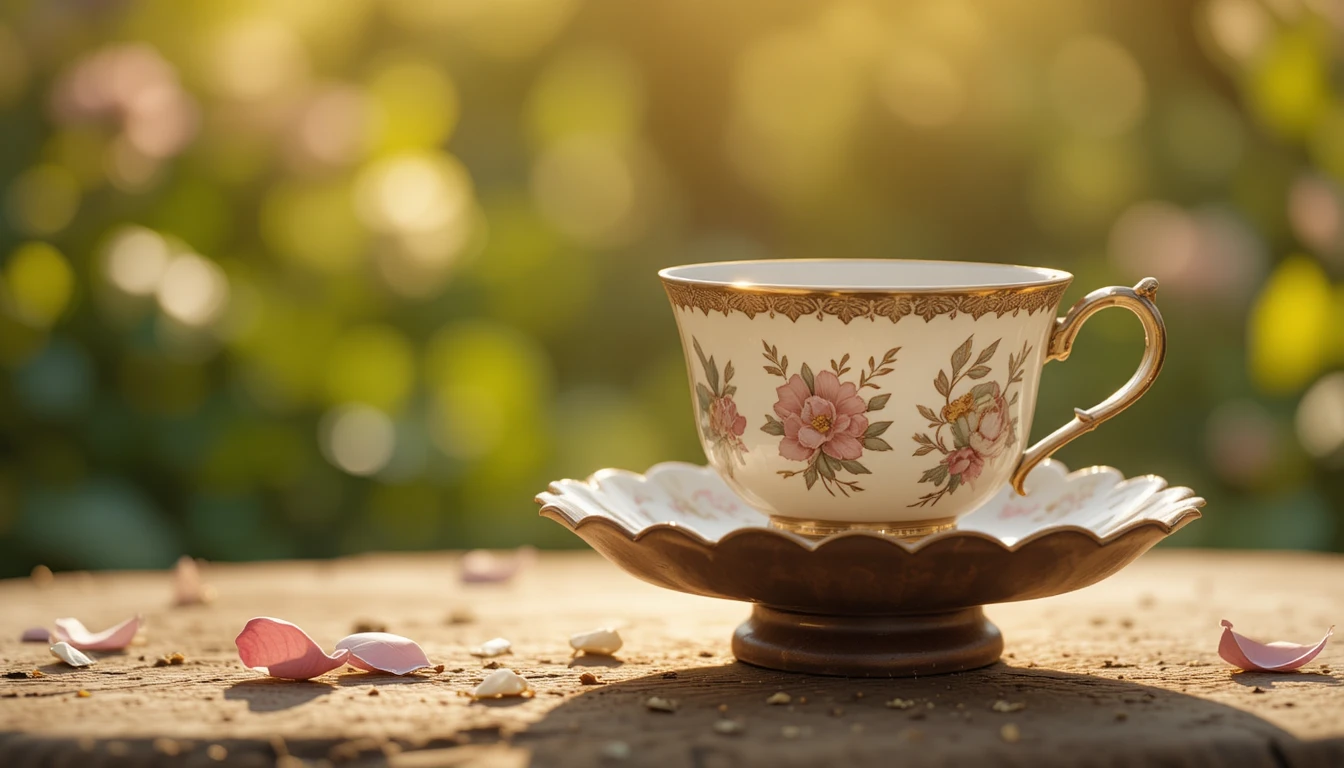 Xícara de porcelana delicada em pires de madeira no jardim pela manhã