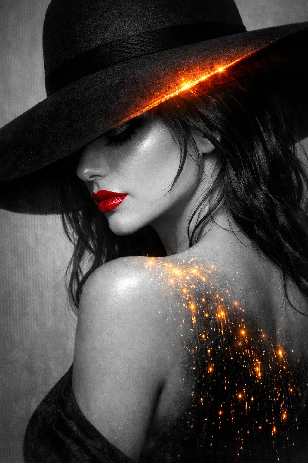 Woman in wide brim hat with glowing red light