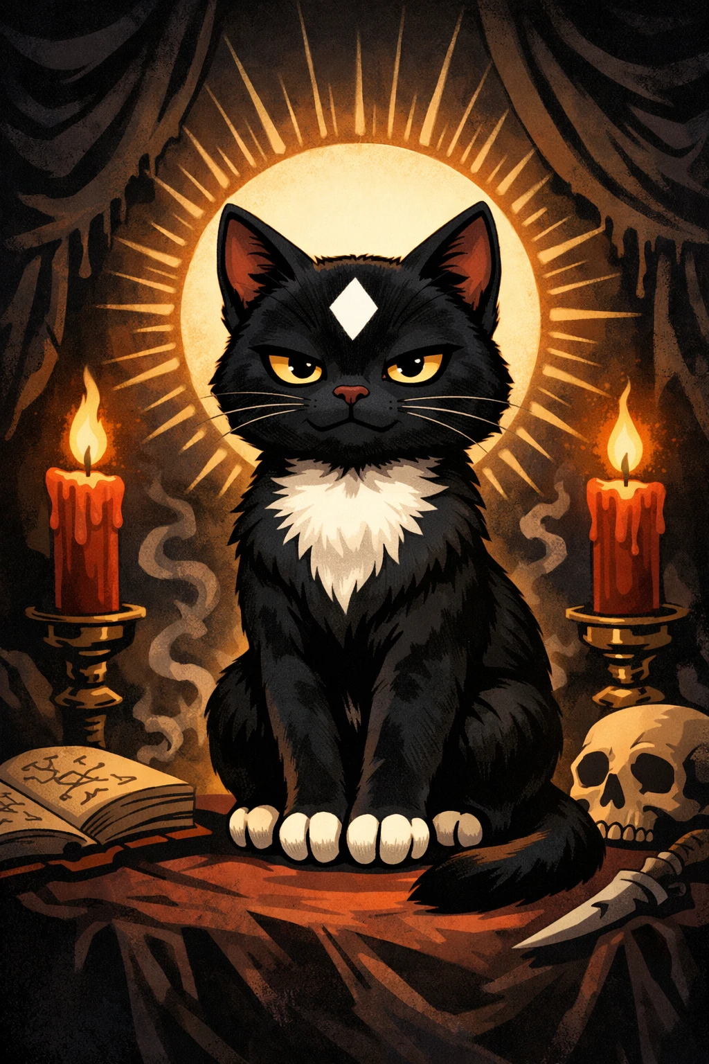 Gato negro con marca de diamante blanca en estilo caricatura dramático