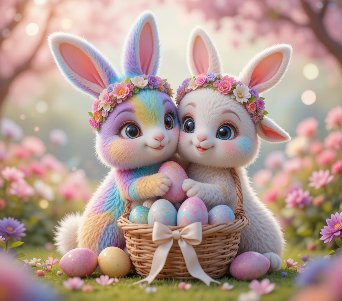 Pastell-Regenbogen-Hase und Lamm, die sich im Blumengarten umarmen