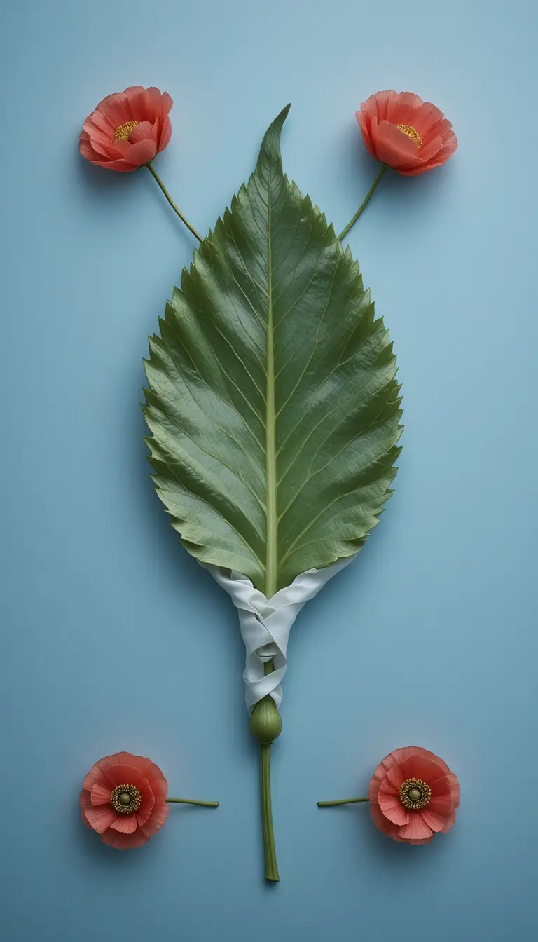 Vier Mohnblumen in den Ecken um ein von weißer Seide berührtes Blatt