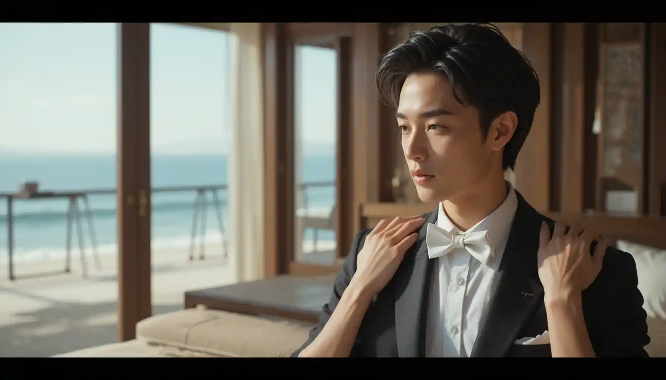 Romantic moment in a winter seaside resort hotel room