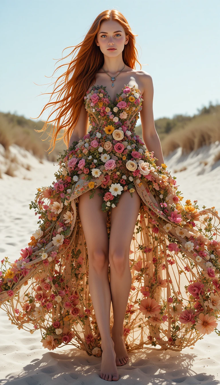 Femme en robe de fleurs vivantes sur plage de sable blanc