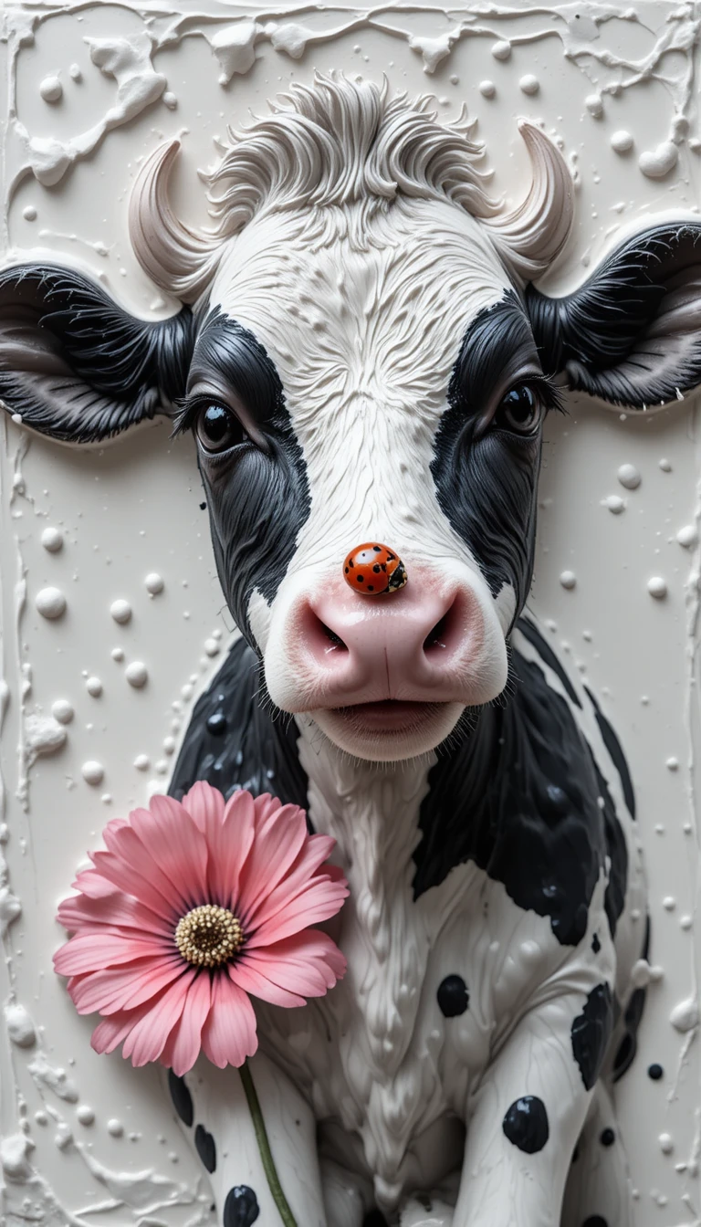 Surprised baby cow with ladybug smelling a pink poppy