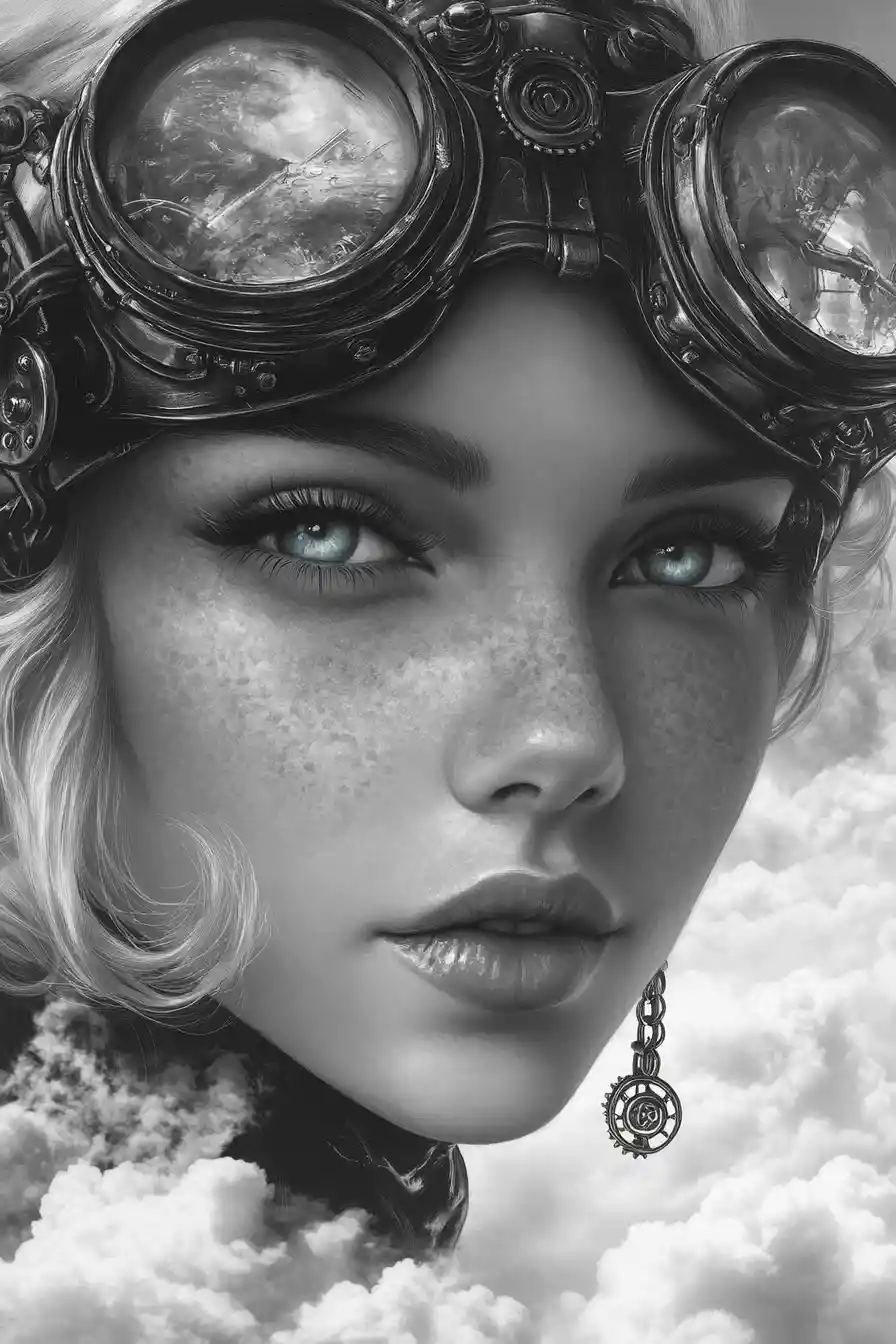 Steampunk-Frau in Ketten mit Goggles und nebligen Wolken
