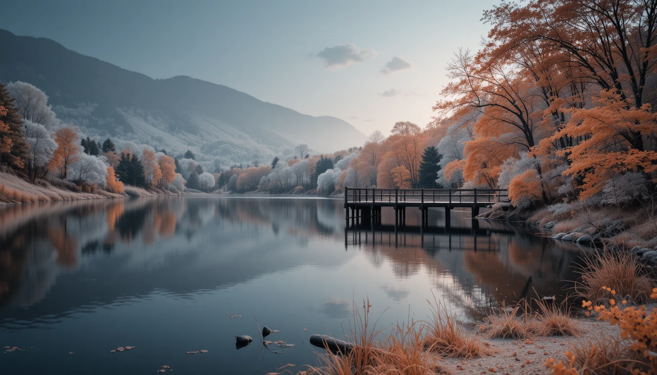Serene Lake At Dusk With Wooden Bridge Reflection