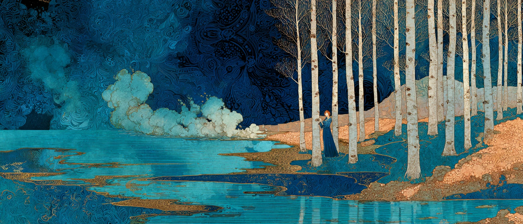 Underground water flowing through a dark birch forest