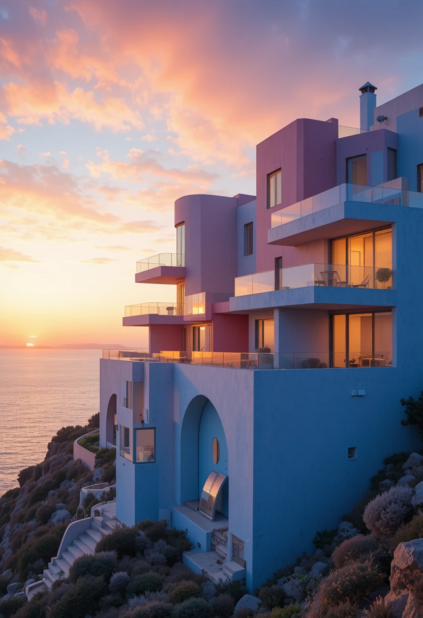 Colorido apartamento junto al mar en primer plano con luz de golden hour