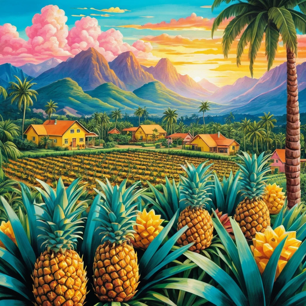 Plantation d’ananas colorée au lever du soleil avec montagnes lointaines