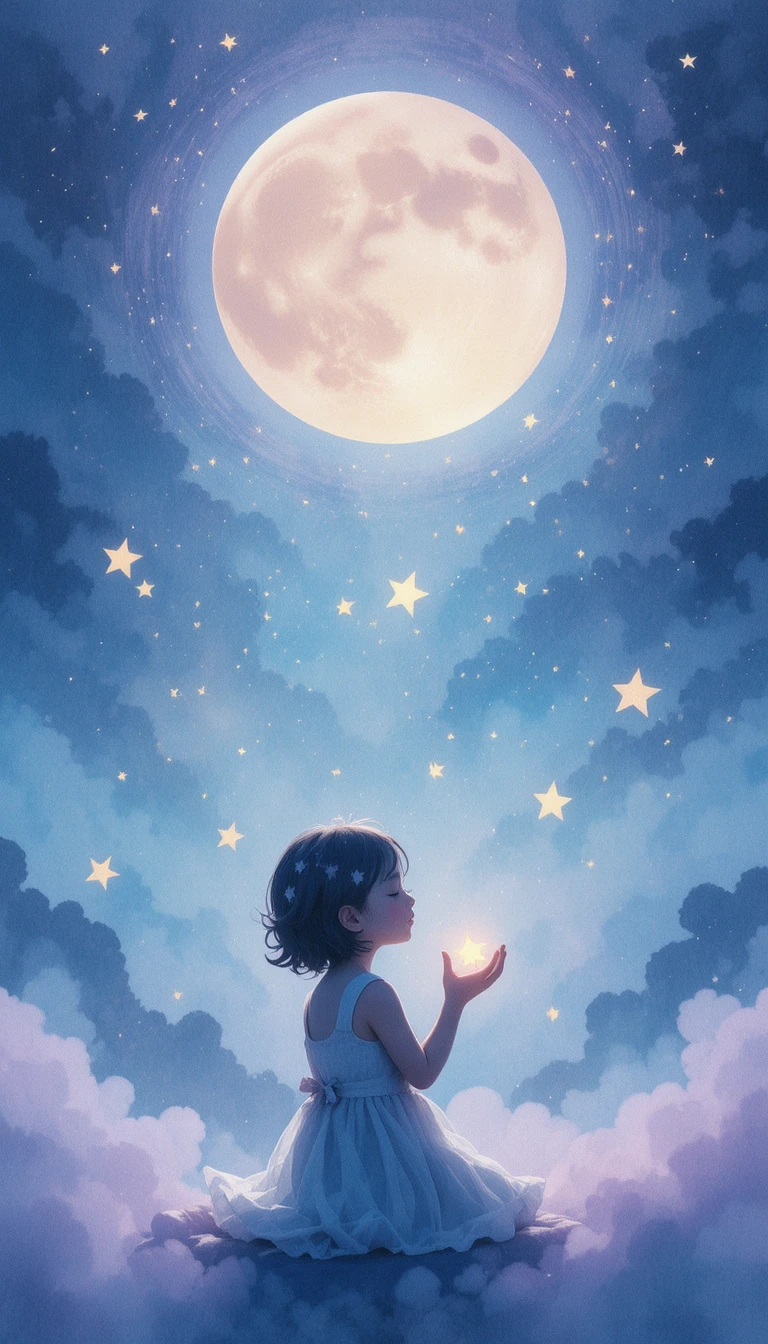 Sleeping child under glowing celestial night sky in moonlight