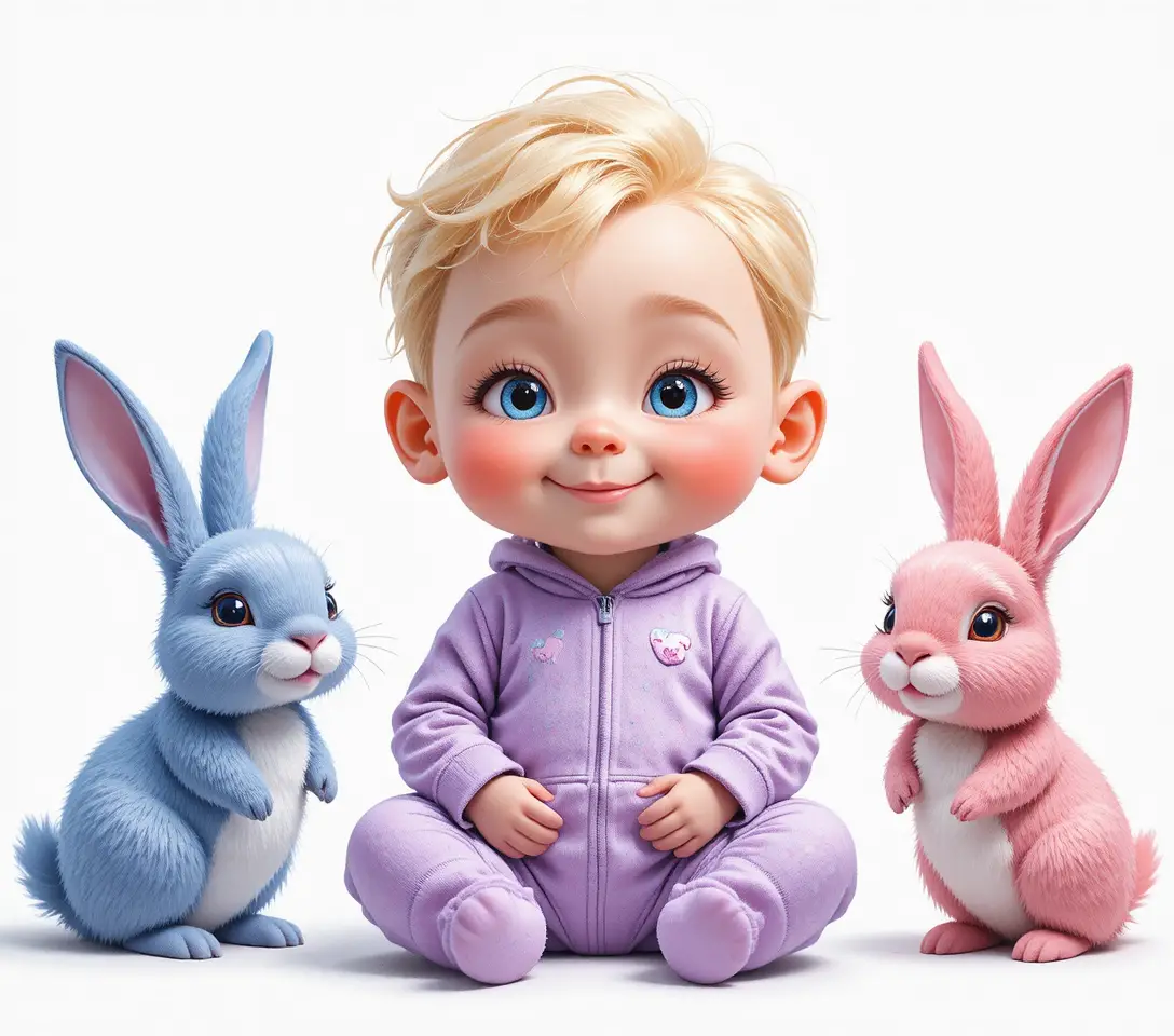 Bebê loiro sorridente com brinquedos de pelúcia em fundo branco
