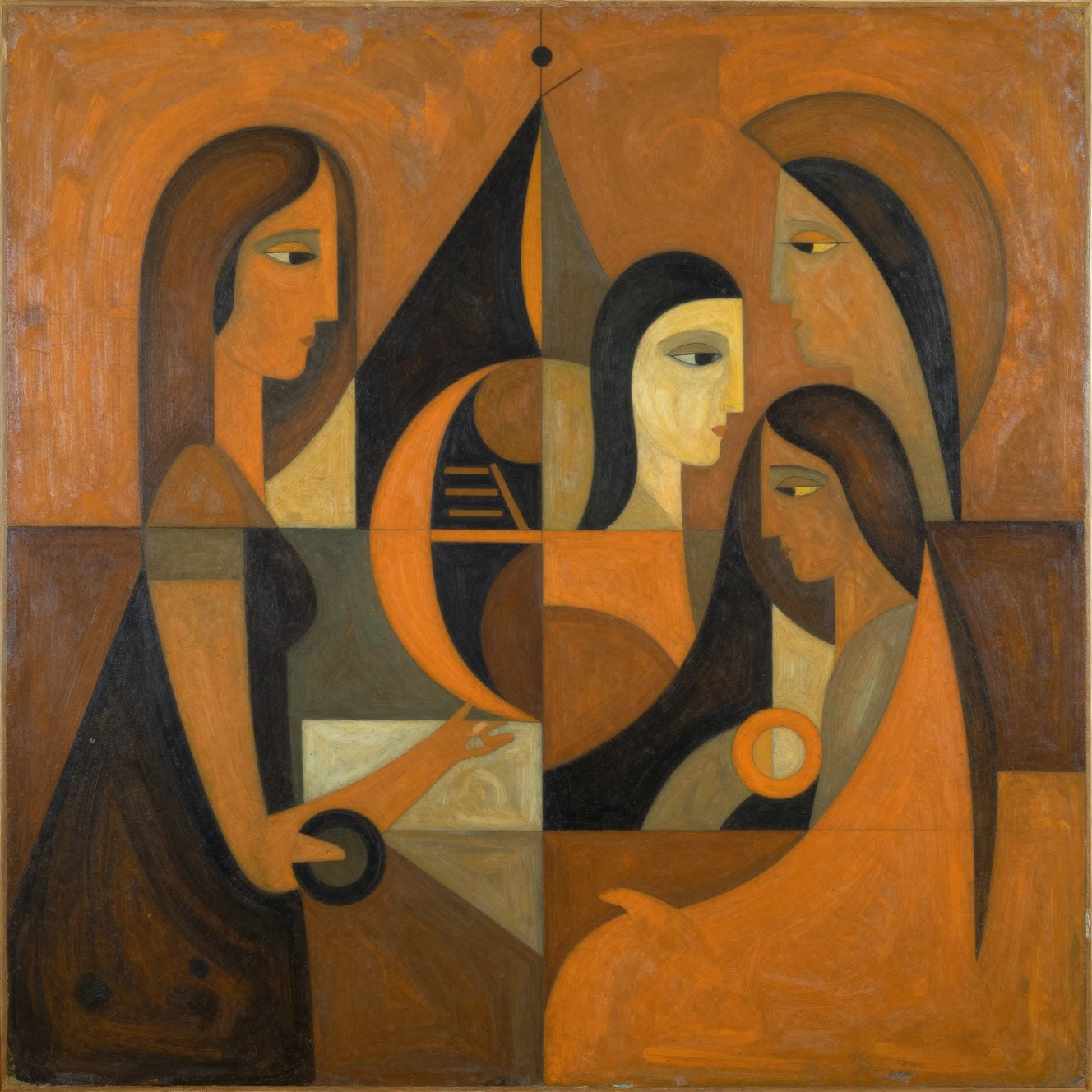 Pintura abstrata surreal em tons de verde e açafrão