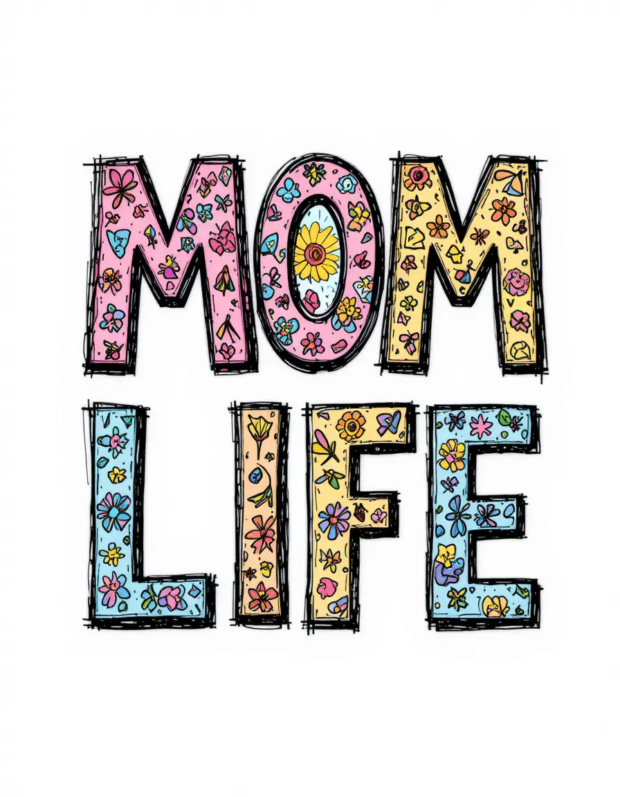 Playful mom life lettering with colorful floral doodles
