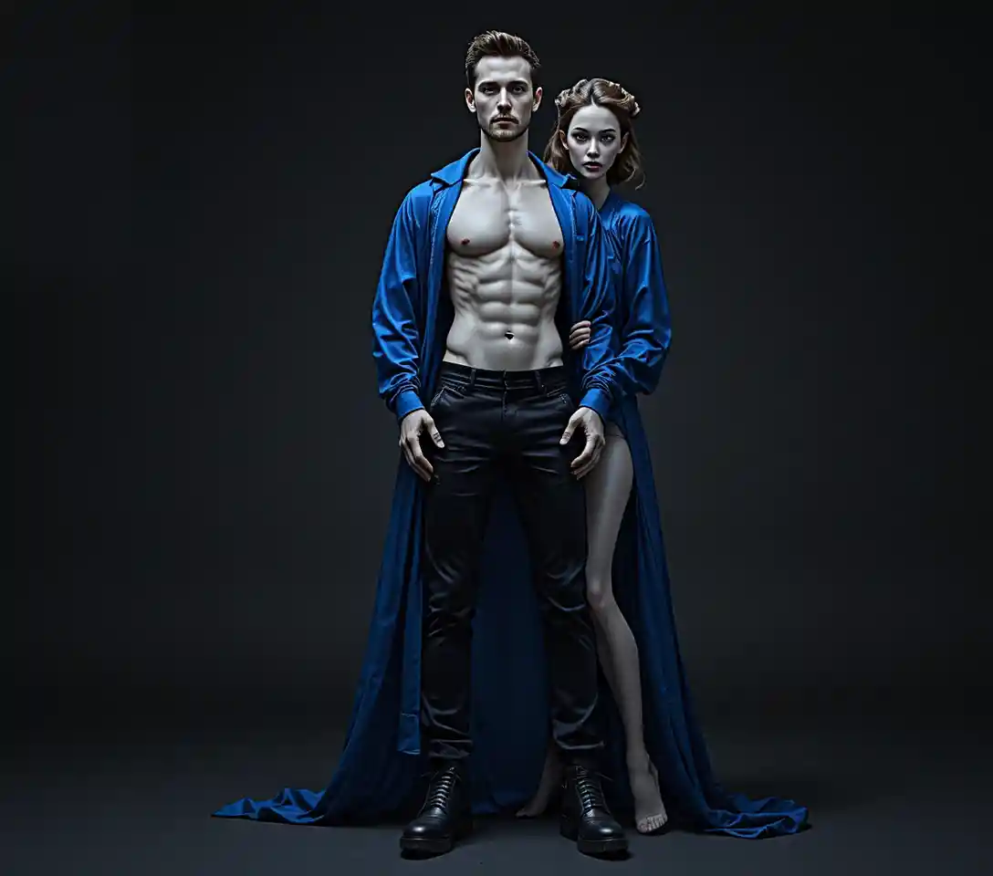 Stylish couple posing in dramatic studio fashion portrait