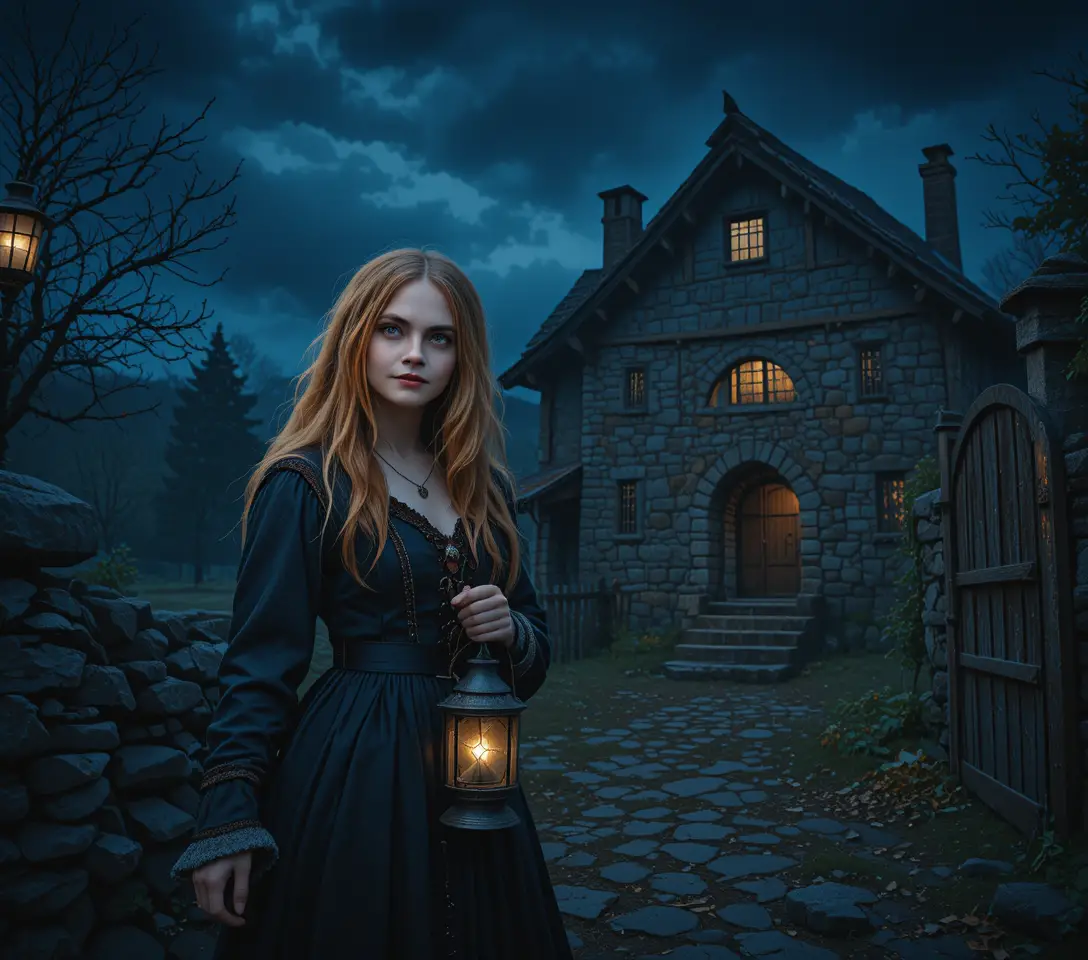 Red haired peasant girl with lantern on stormy medieval night