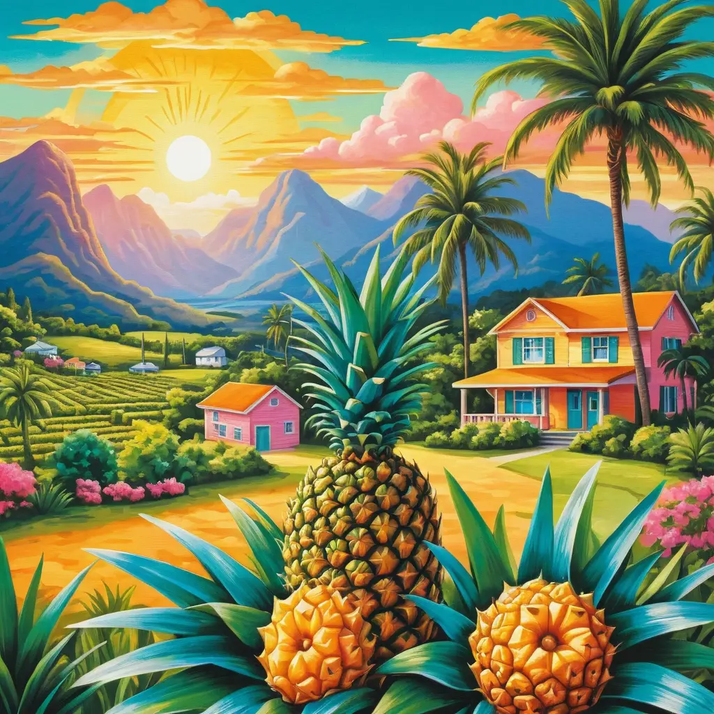 Tropical pineapple plantation at sunrise in pastel pencil art