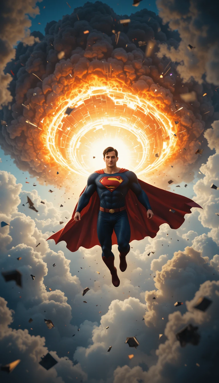 Poderoso super‑herói descendo por um céu tempestuoso e dramático