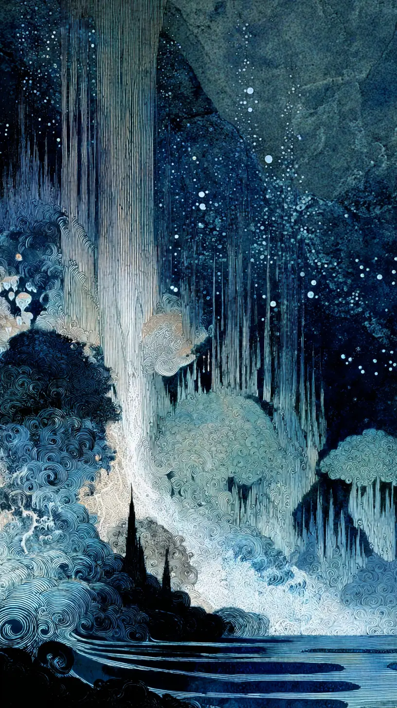 Water flowing through a surreal underwater forest dreamscape