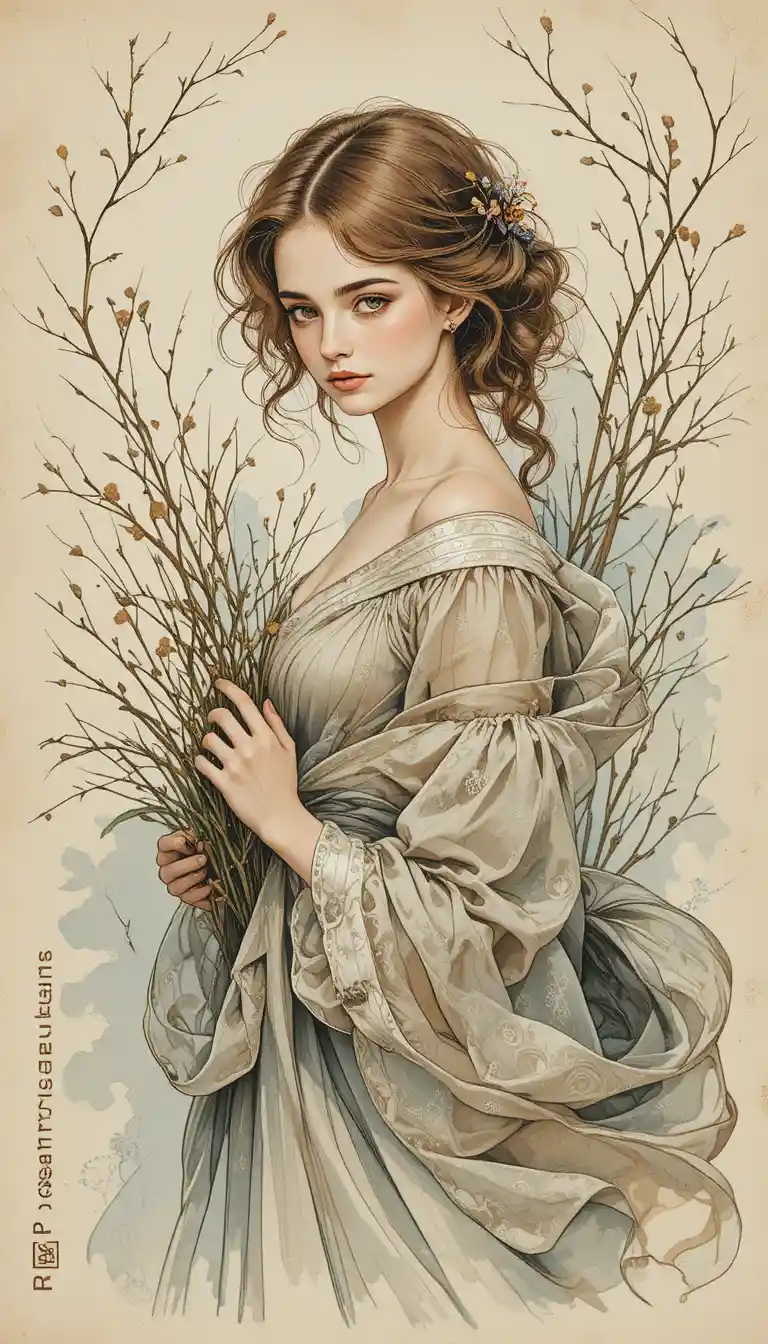 Dreamy young woman in flowing watercolor style portrait