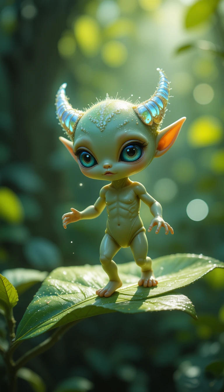 外星寶寶在發光的綠色葉子上邁出第一步