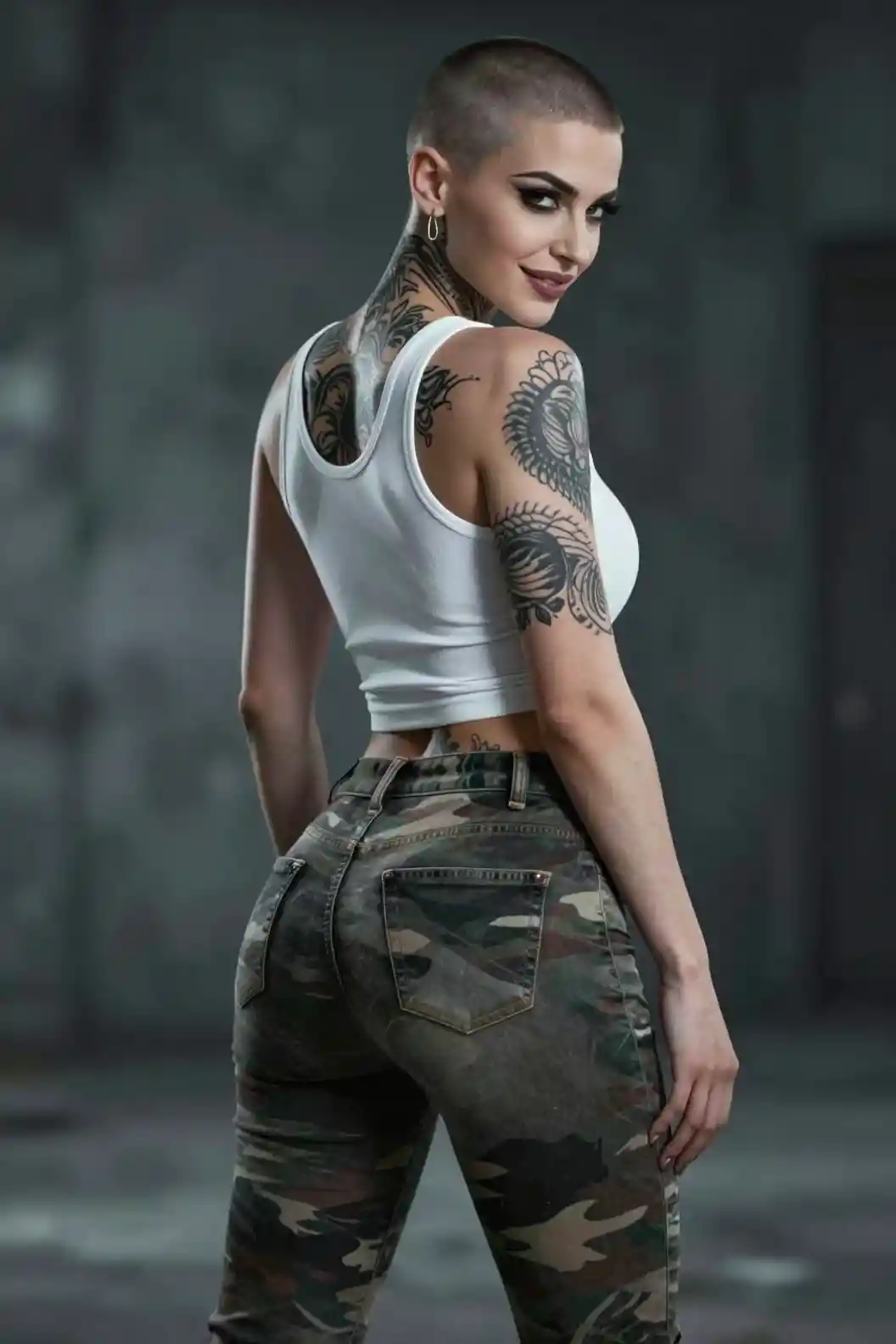 Tattooed female vampire in white tank top looking back