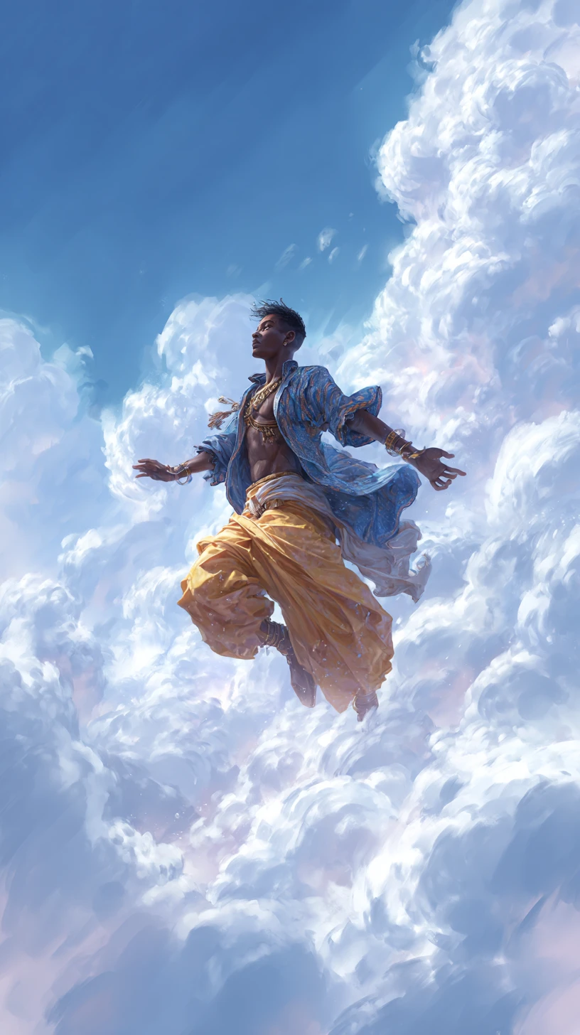Homem alegre dançando sobre nuvens macias em um céu claro