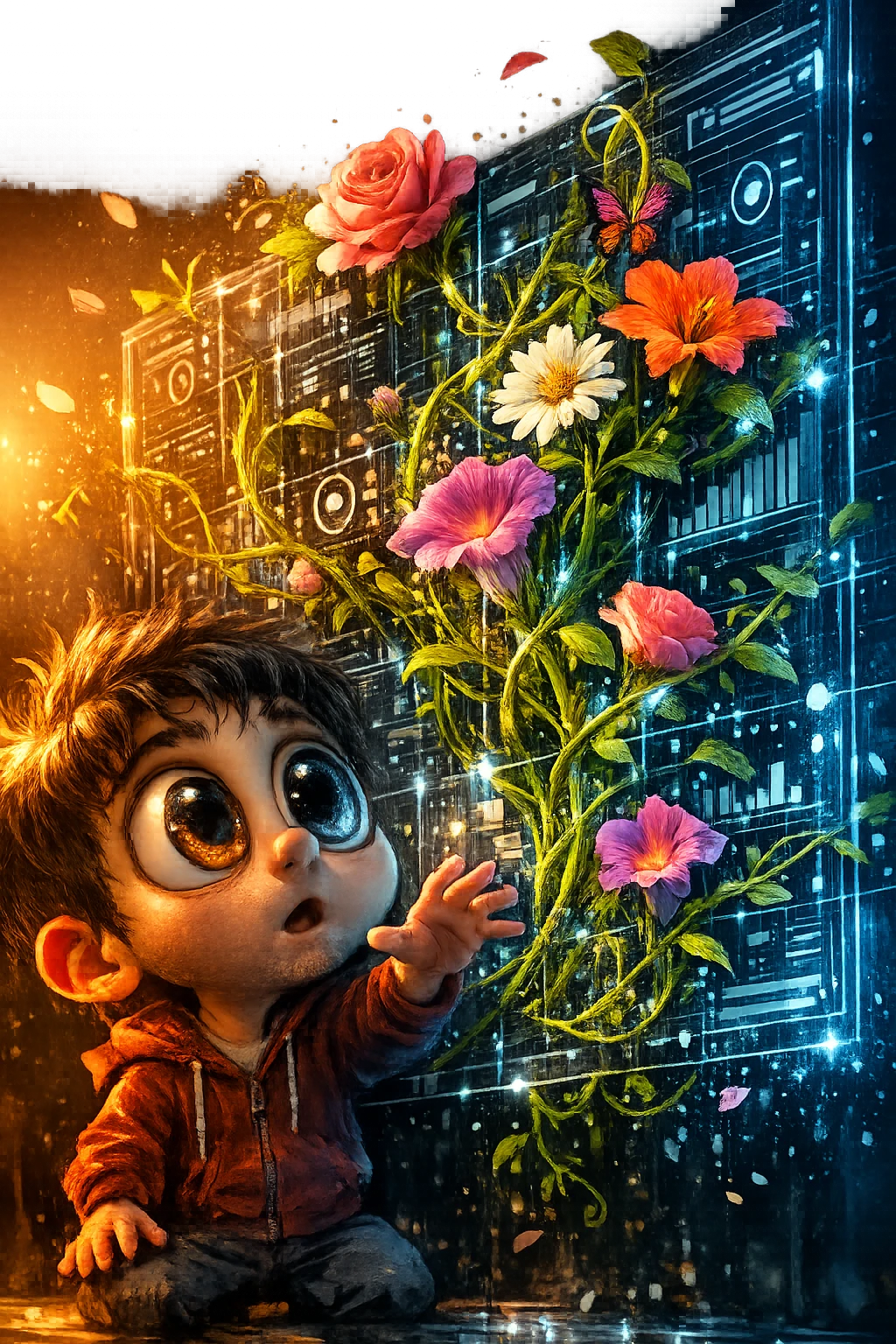 Artiste surréaliste atteignant une interface holographique de fleurs en croissance