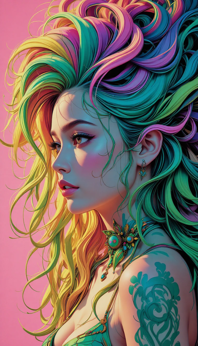 Avant garde woman with multicolored hair in surreal portrait