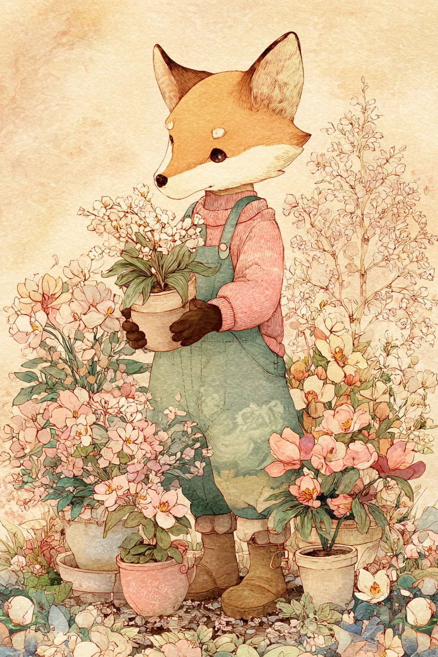 Fuchs-Gärtner pflanzt Blumen in einem gemütlichen Hinterhof