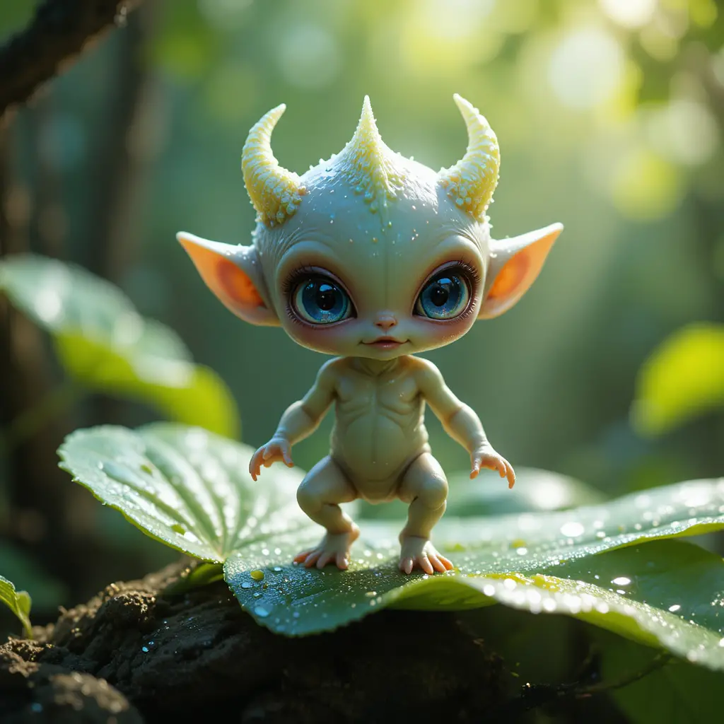 Tiny alien baby walking on a dewy green leaf