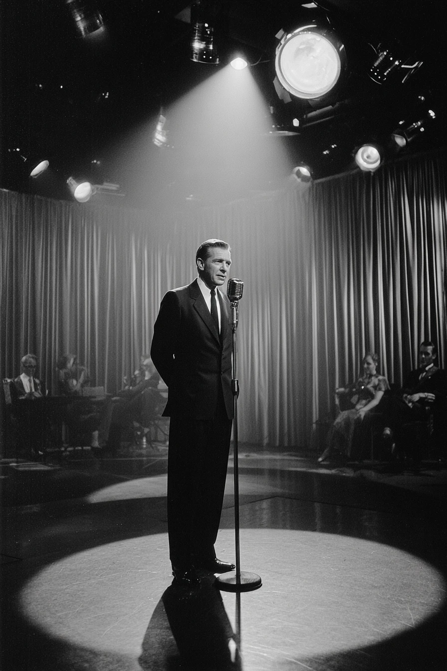Ed Sullivan introduces performers on a classic 1950s TV stage