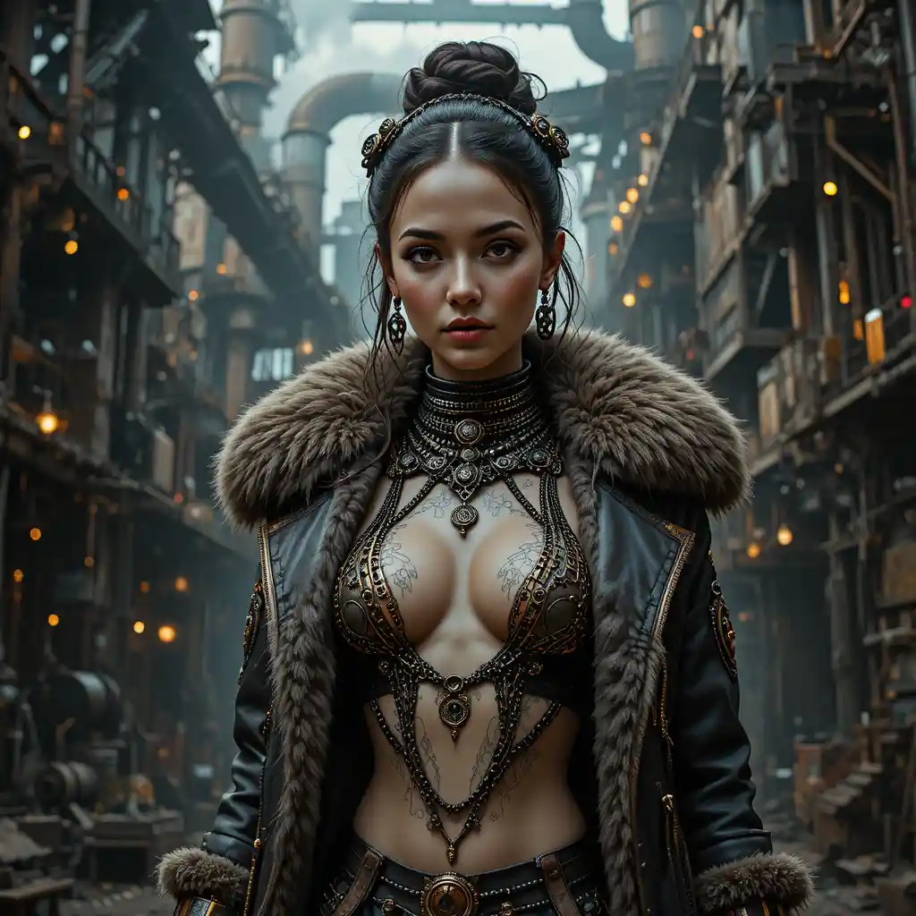 Portrait d’héroïne steampunk dans une aciérie industrielle lumineuse