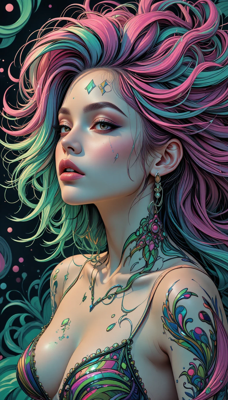 Donna surreale con criniera multicolore in un ritratto digitale da sogno