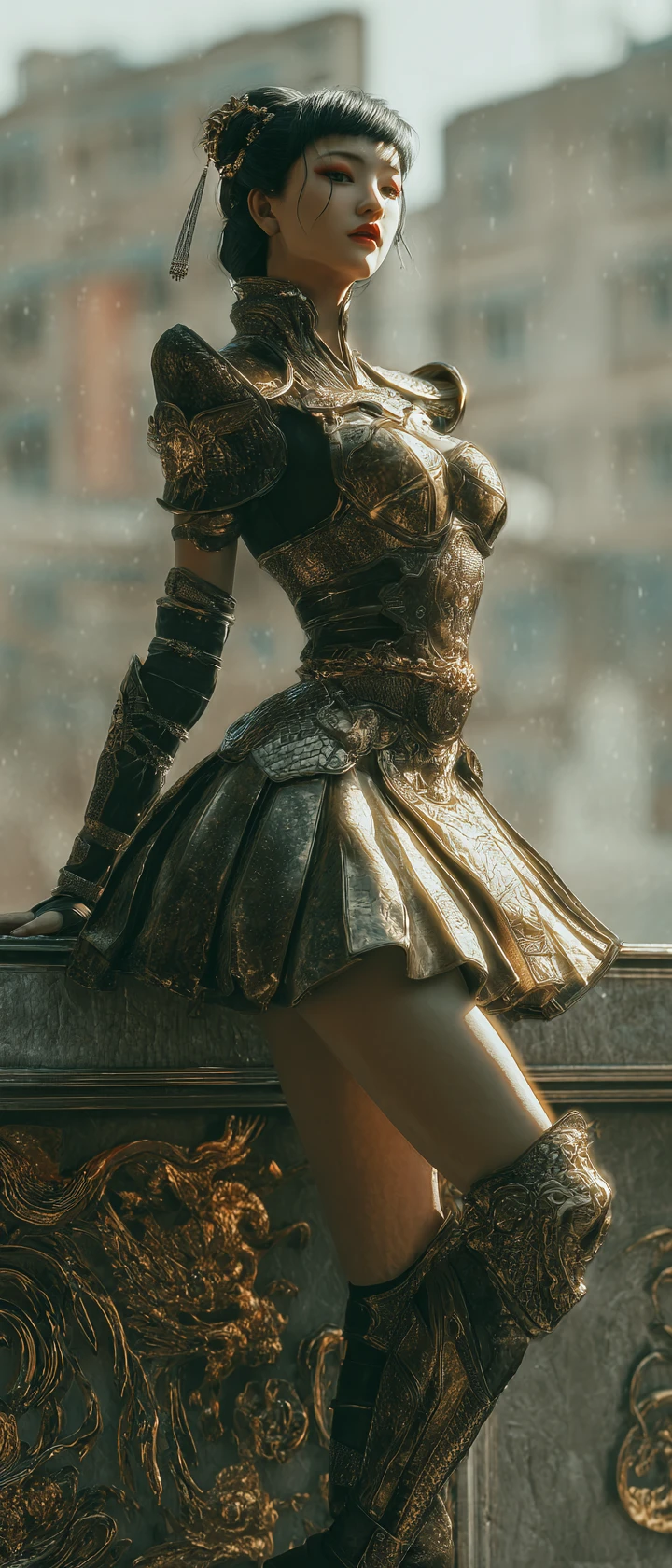 Elegant asian warrior woman posing on a city wall