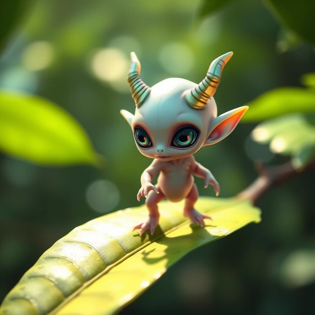 Pequeño bebé alienígena pisando una hoja verde brillante
