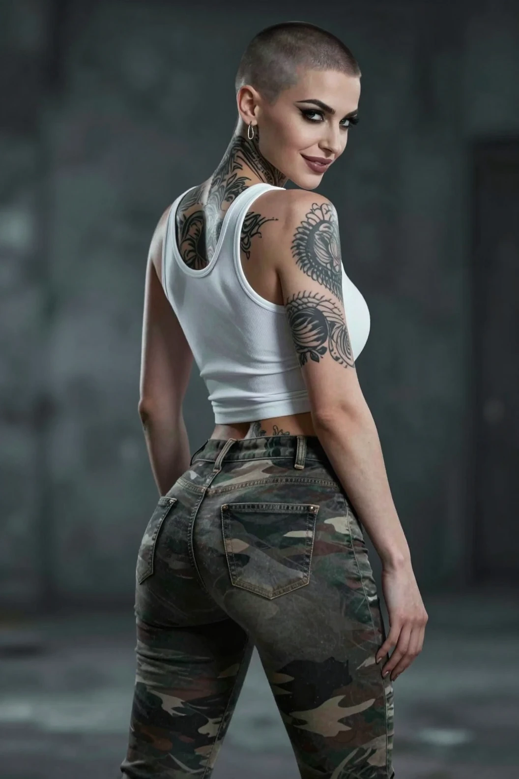 Tattooed female vampire in white tank top looking back