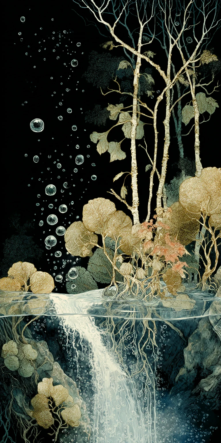 Surrealer Unterwasserwald mit fließendem Wasser und Birken