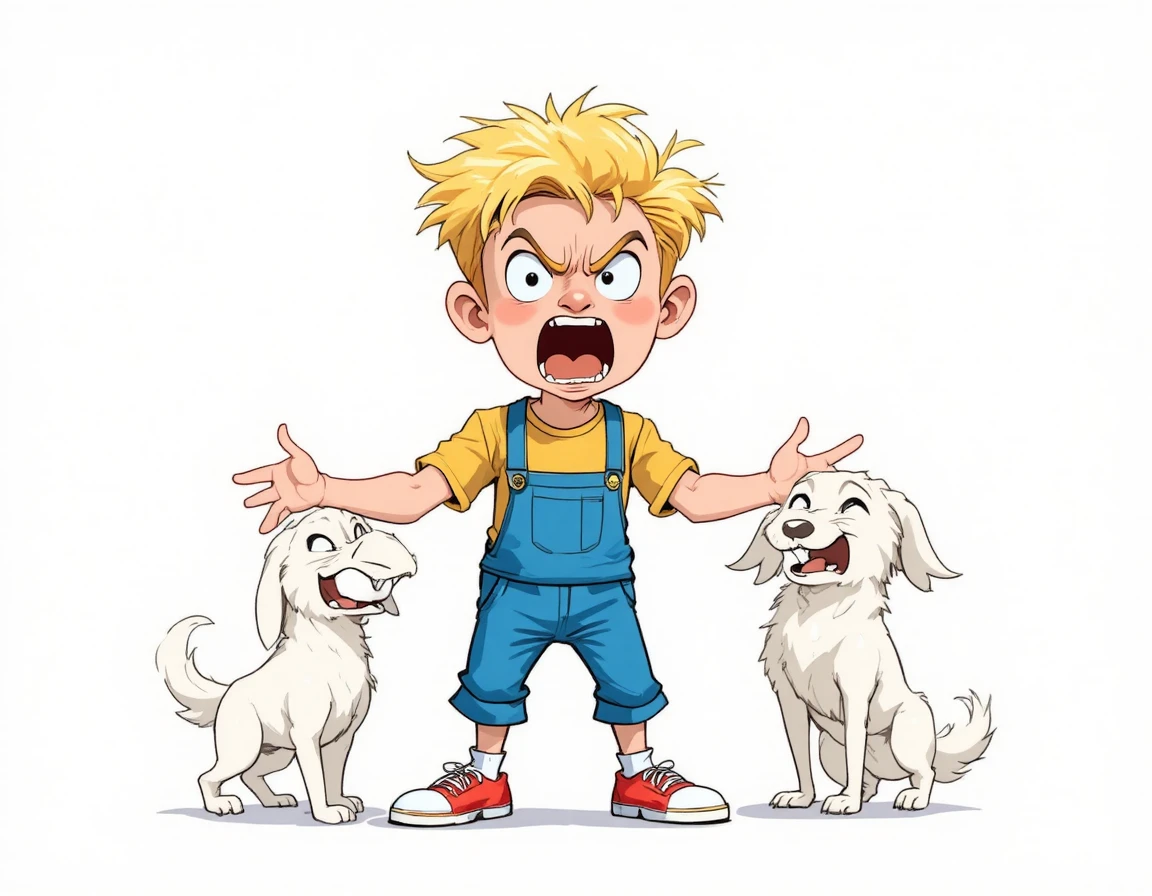 Menino loiro irritado gritando ao lado de um cão branco sorridente