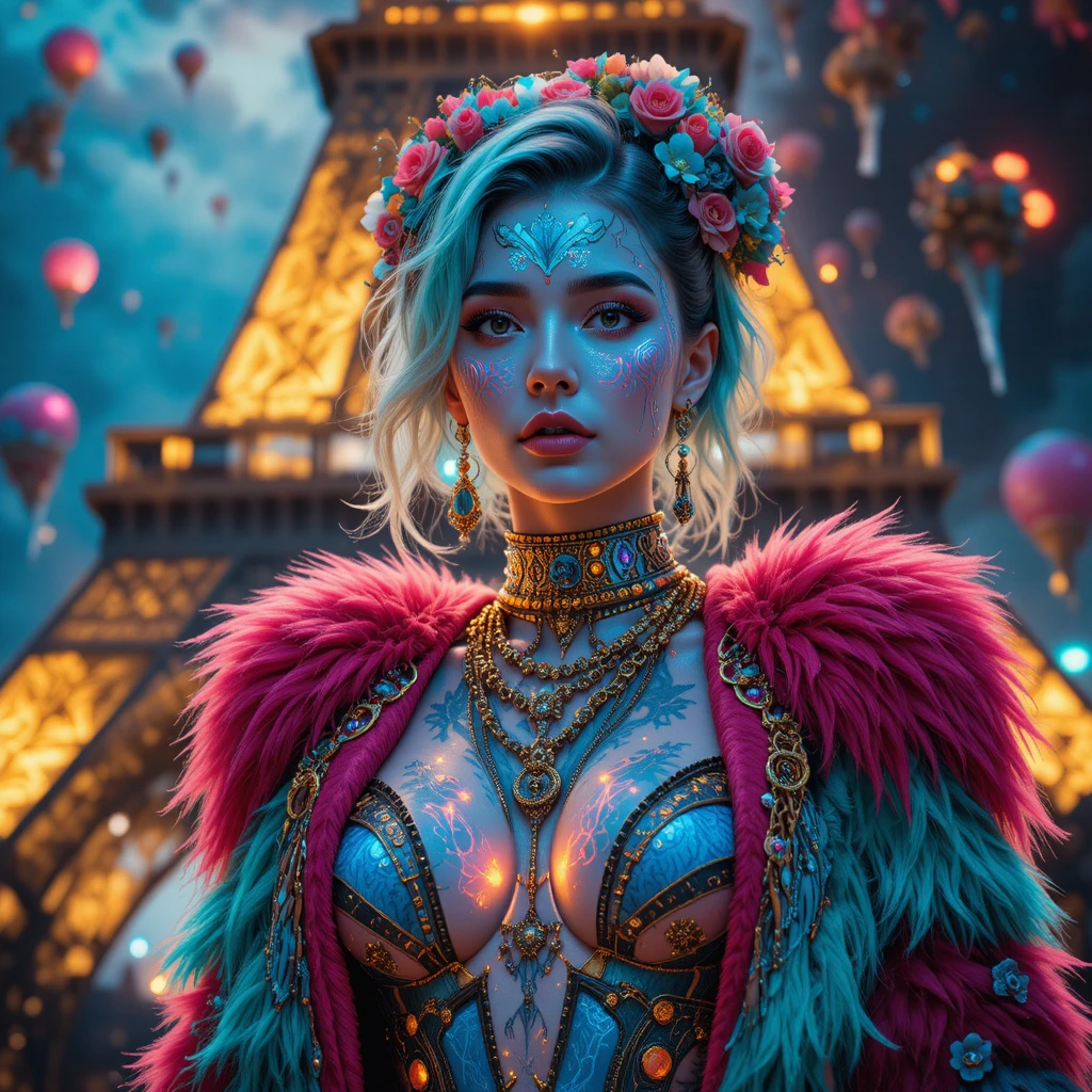 Surreal neon fashion portrait before the Eiffel Tower