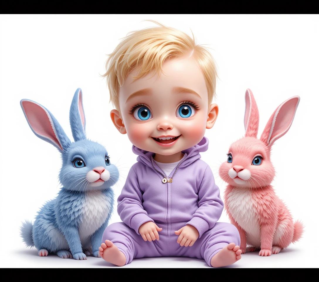 Bébé blond souriant avec peluches pastel sur fond blanc