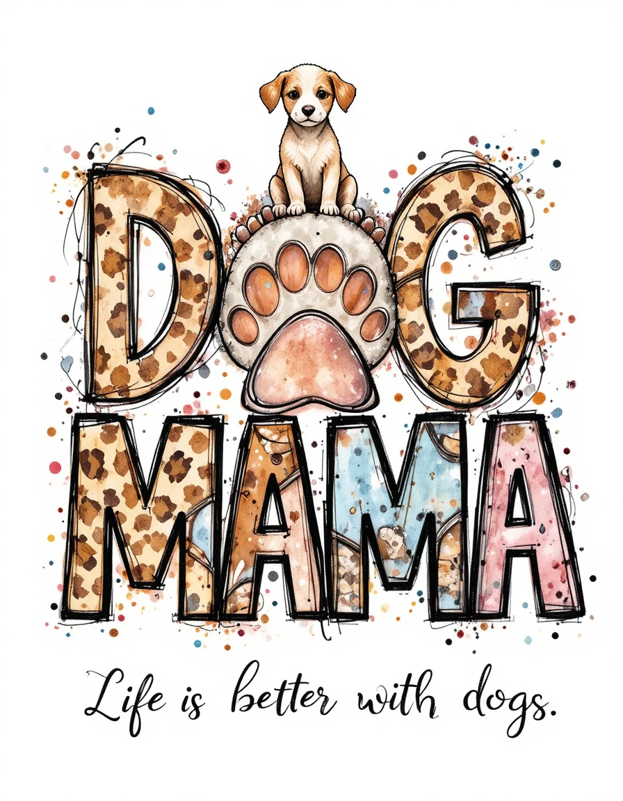 Letreiro aquarela dog mama com pata e filhote fofo