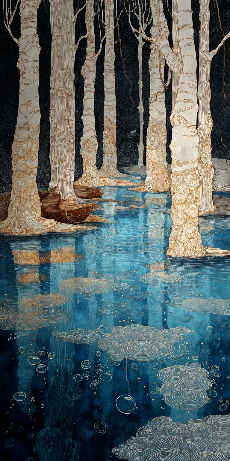 Surreal underwater forest of flowing water and birch trees
