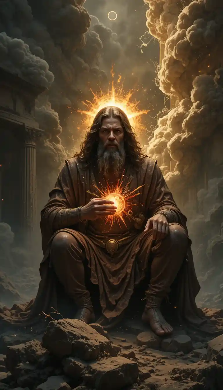 Uomo biblico adirato sotto un cielo apocalittico e oscuro
